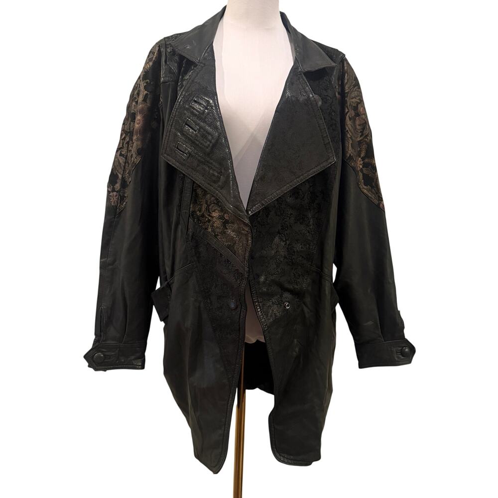 Vintage Euro Moda Black Leather Jacket Floral Tapestry Oversized Unique Boho M